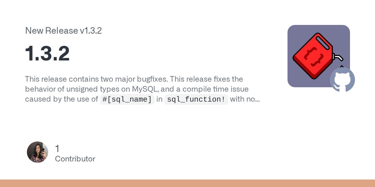 dieselframework's tweet card. This release contains two major bugfixes. This release fixes the behavior of unsigned types on MySQL, and a compile time issue caused by the use of #[sql_name] in sql_function! with no return type....