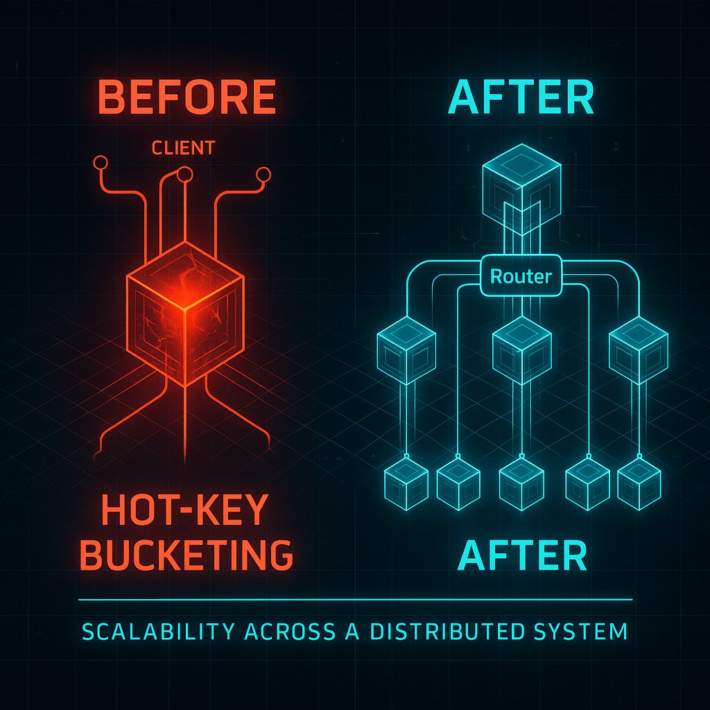 designnerds24's tweet card. How breaking one overloaded key into many bucketed keys transforms a hotspot into a horizontally scalable, fault-tolerant workload —…