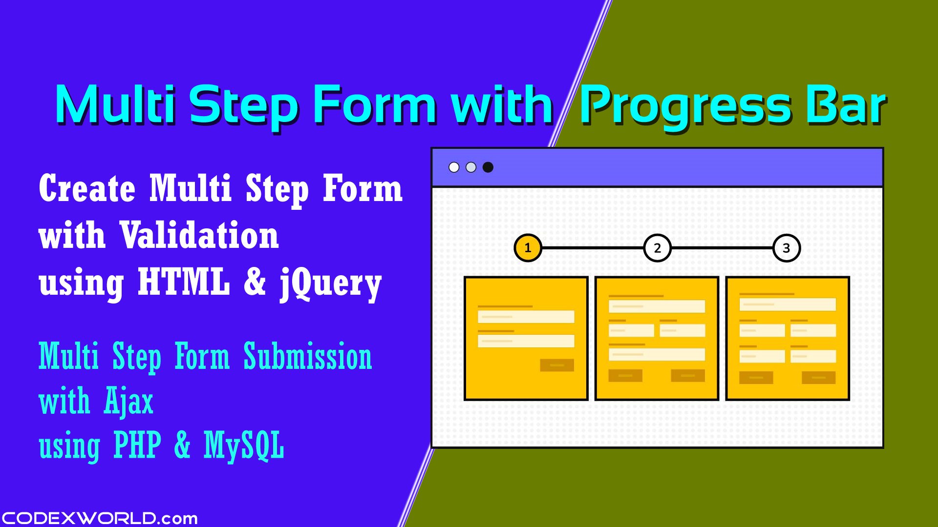 codexworldweb's tweet card. Multi-step form with jQuery - Create multi step registration form with progress bar and validation using HTML, CSS, and jQuery. Build multi step form and submit input fields in PHP using jQuery.