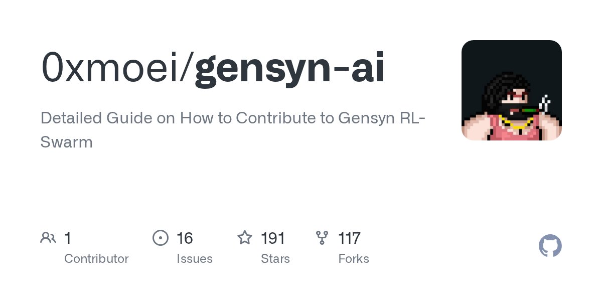 0xMoei's tweet card. Detailed Guide on How to Contribute to Gensyn RL-Swarm - 0xmoei/gensyn-ai
