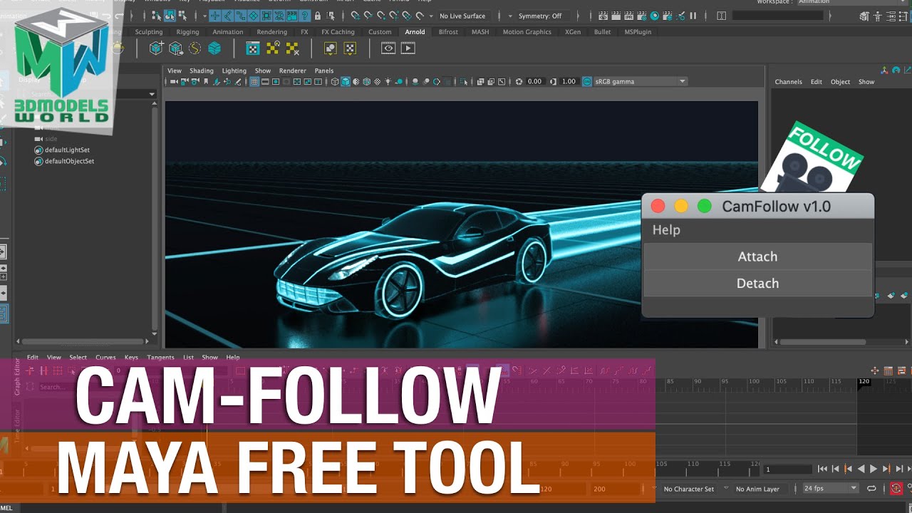 3DModelsWorld's tweet card. Cam Follow Tool - Quickly Attach Camera To Selected Object In Maya