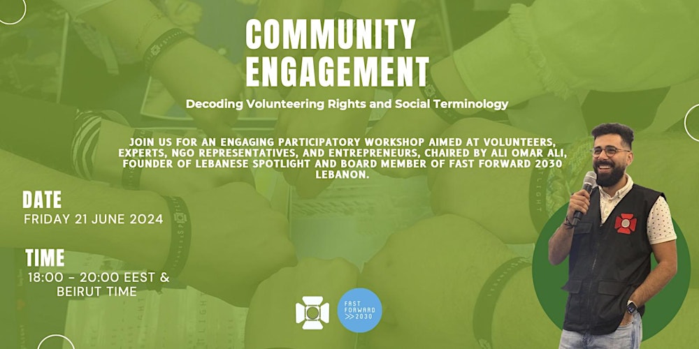 FastForward2030's tweet card. Participatory workshop to redefine community engagement by decoding Arabic terminologies around volunteering and social entrepreneurship.