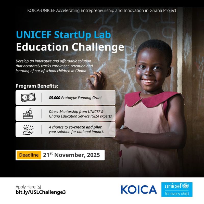 opportunitiesfy's tweet card. Are you passionate about bridging the education gap in Ghana? Here’s your chance to make a national impact! UNICEF, in partnership with KOICA and the Ghana