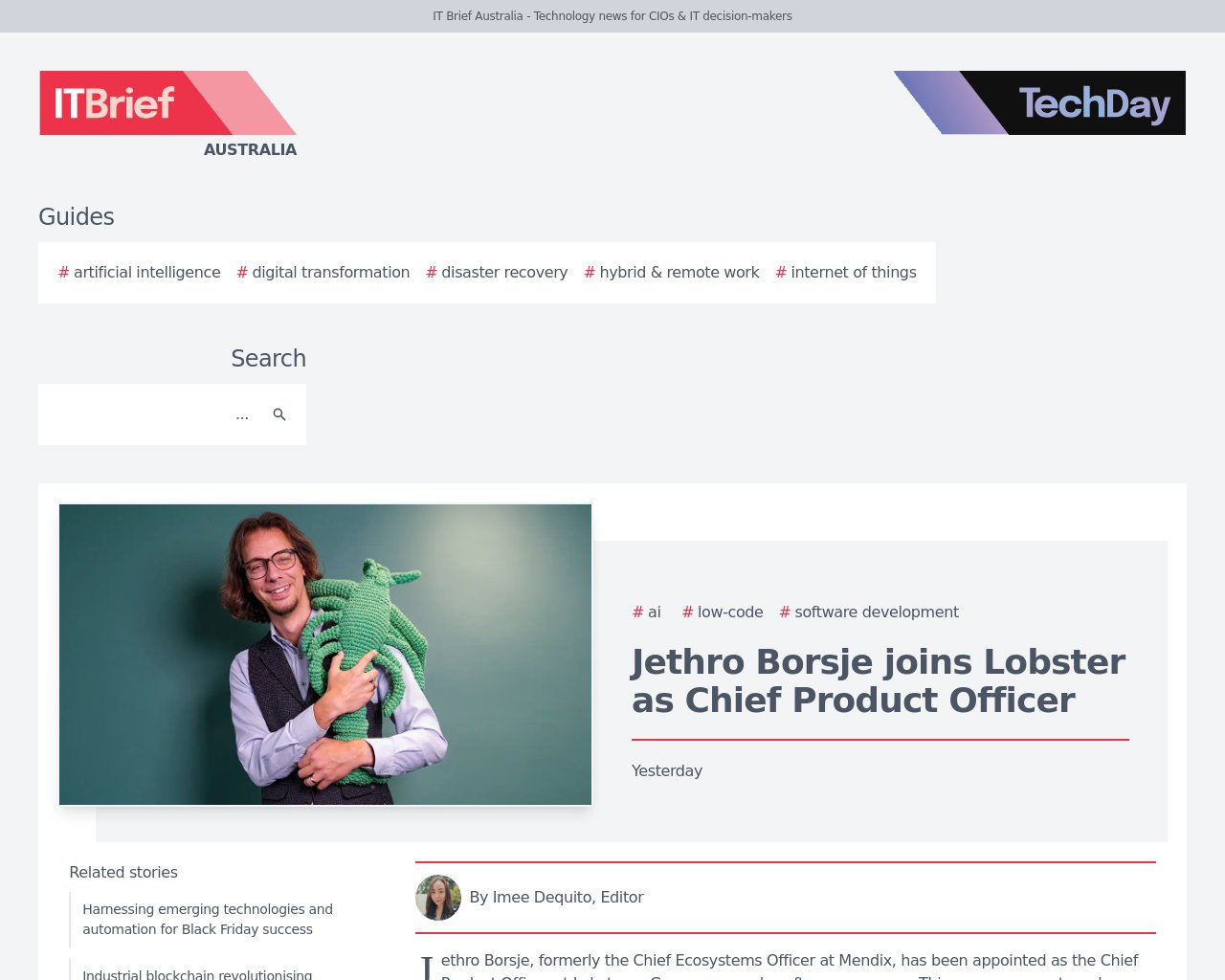 managetech_inc's tweet card. 要約: Jethro Borsje氏がLobsterというドイツのノーコードソフトウェア企業のチーフプロダクト