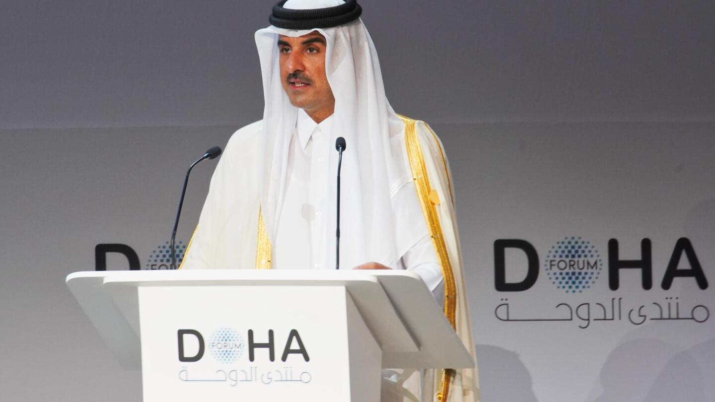 APFactCheck's tweet card. False. Qatar’s ruling emir, Sheikh Tamim bin Hamad Al Thani, says no such thing in the widely circulating clip, which is more than six years old.