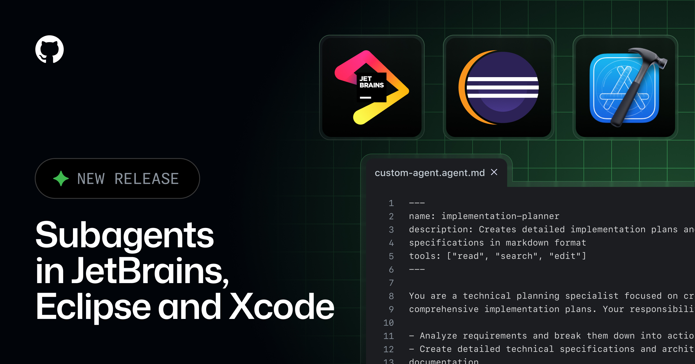 GHchangelog's tweet card. We’re excited to share that isolated subagents are now in public preview across JetBrains IDEs, Eclipse, and Xcode! Empowered by isolated context, subagents let you delegate focused tasks to autono...