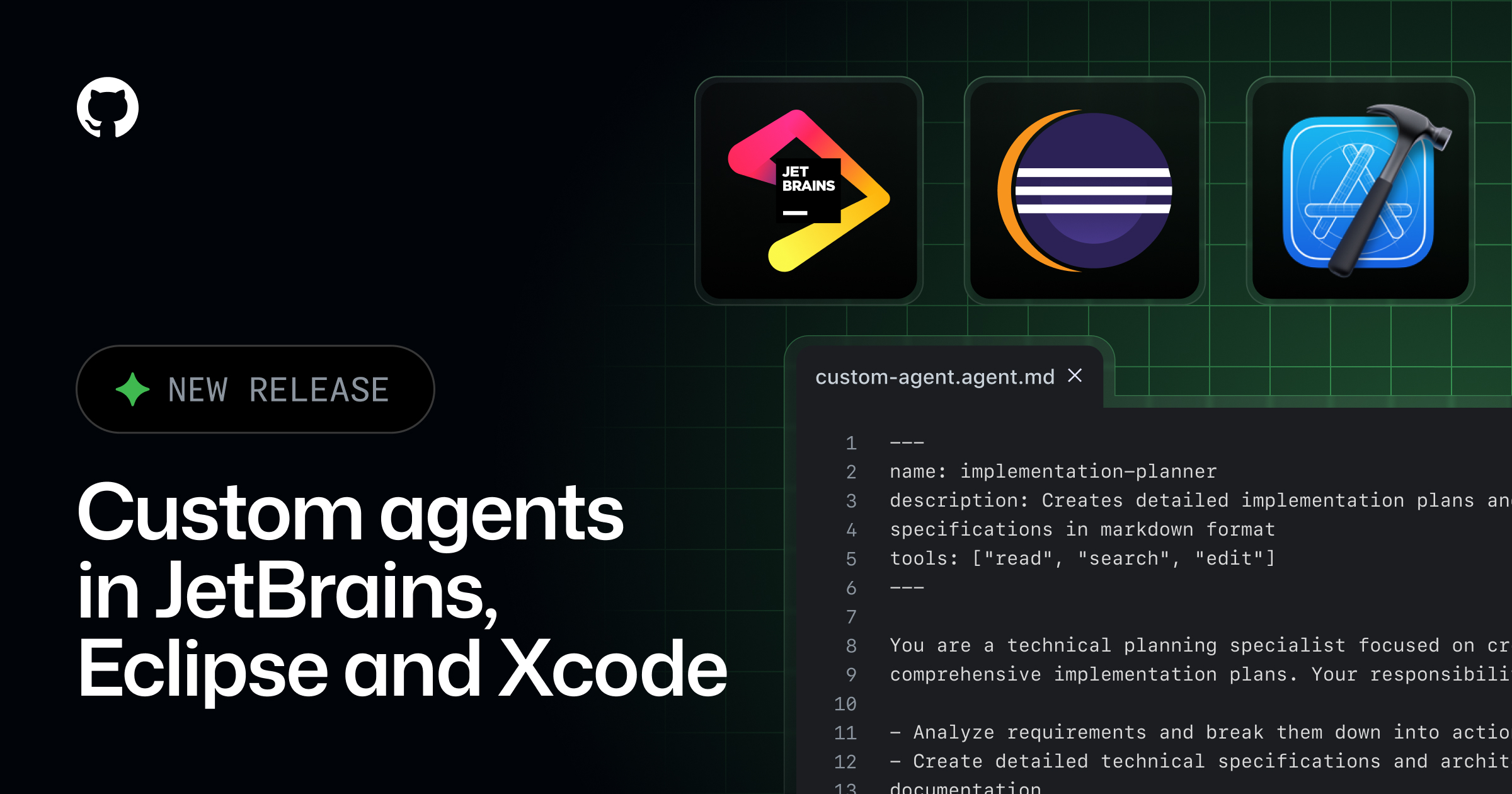 GHchangelog's tweet card. Custom agents are now in public preview for JetBrains IDEs, Eclipse, and Xcode, allowing you to package reusable expertise, guardrails, and tool access into AI agents tailored to your project…