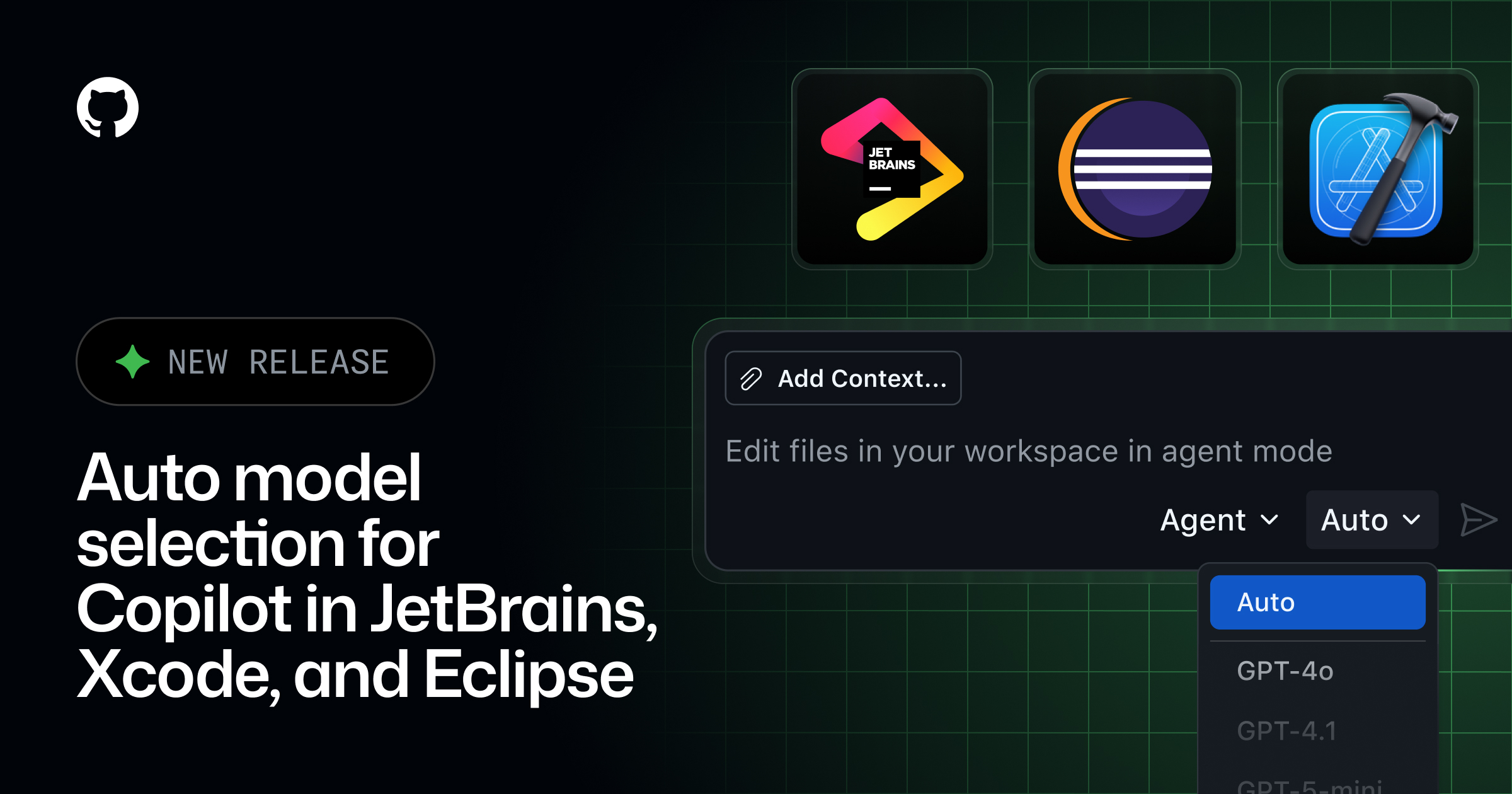 GHchangelog's tweet card. GitHub Copilot in JetBrains IDEs, Xcode, and Eclipse now includes an Auto option that selects the model on your behalf. Choose Auto from the model picker in Copilot Chat. This…