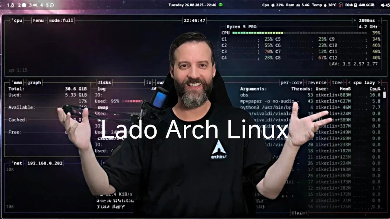 RikerLinux's tweet card. Arch Linux + Hyprland + Teclado Split próximo passo da "EVOLUÇÃO" pra...