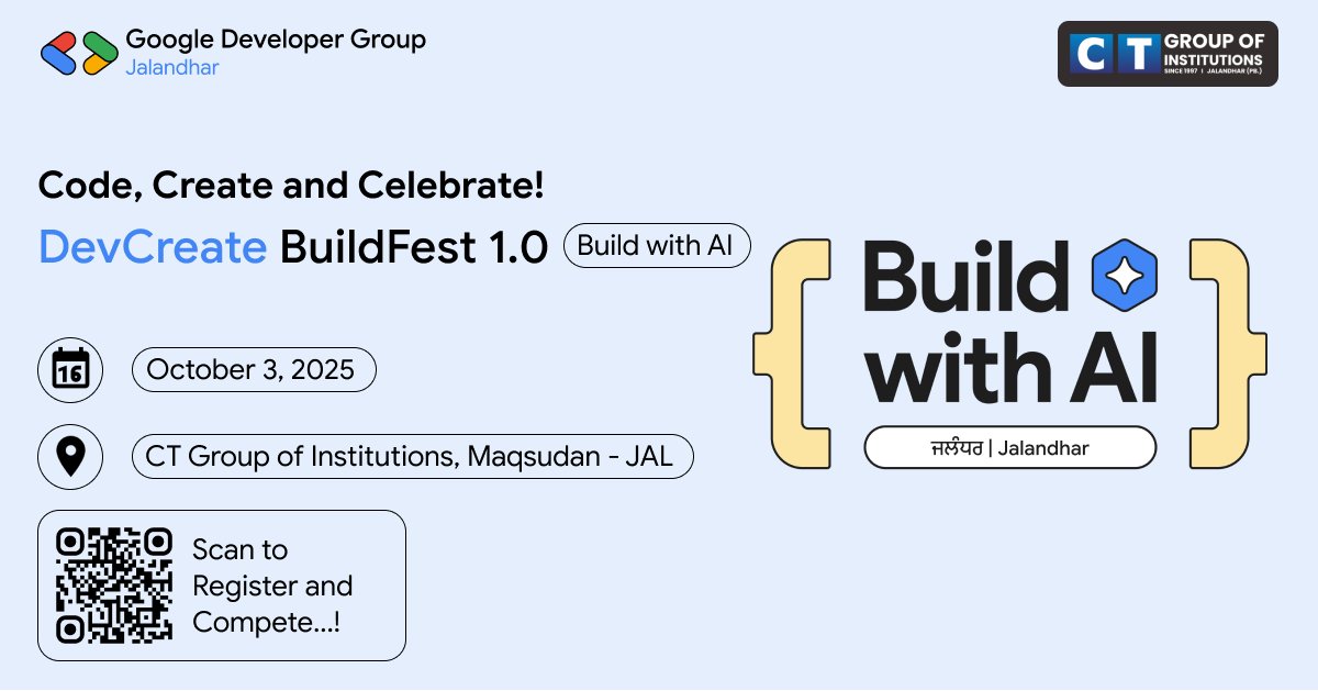 GDGJalandhar's tweet card. Ready to innovate? Join GDG Jalandhar's DevCreate BuildFest Hackathon to build, learn, and compete with top developers from North India.