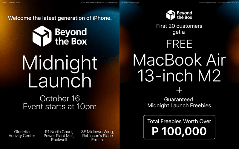 GIZGUIDEPH's tweet card. Beyond the Box reveals iPhone 17 series Midnight Launch Freebies, including M2 13-inch MacBook Air, Shokz earphones, Momax, and Adam accesso...