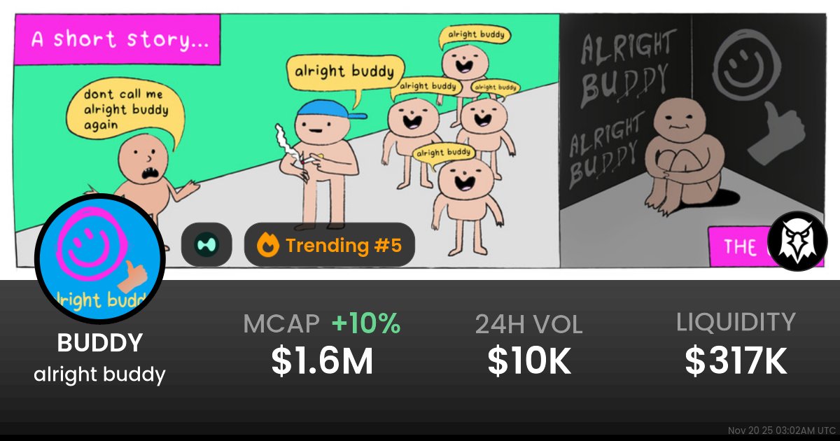 alrightbuddyHL's tweet card. $0.001521 alright buddy (BUDDY) realtime price charts, trading history and info - BUDDY / WHYPE on HyperEVM / HyperSwap