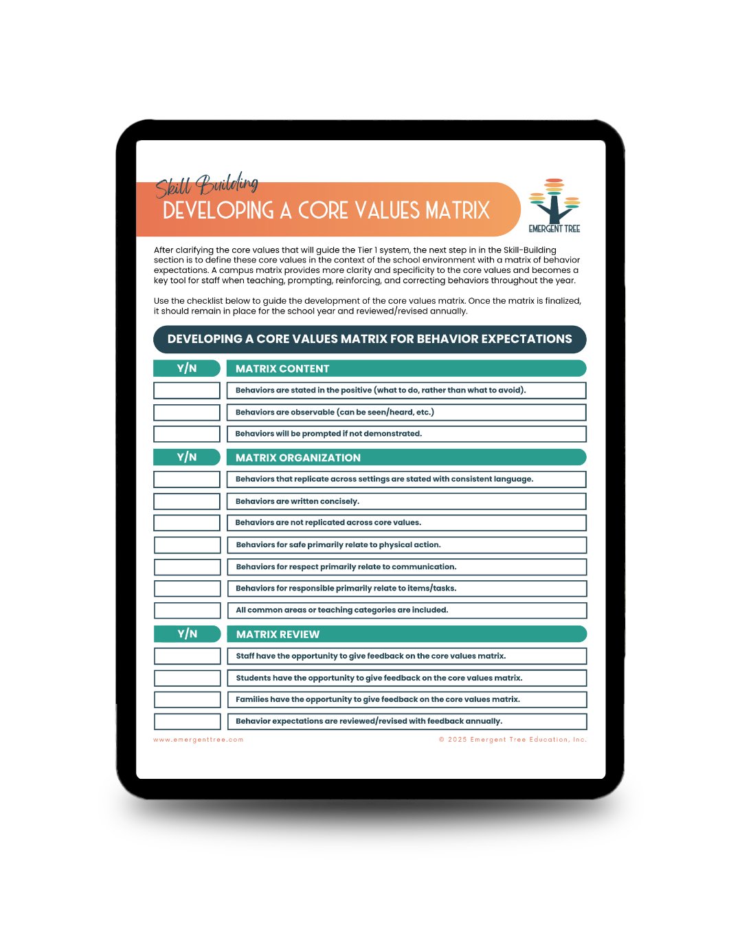 EmergentTree's tweet card. Download this free Core Values Matrix to develop a system for behavior support that is universally applied.