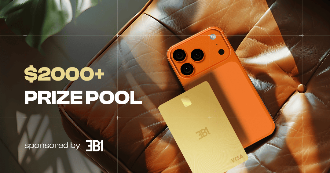 Ghost_Alc's tweet card. We’re giving away the ultimate EB1 Starter Kit, designed to bring your digital lifestyle to the next level. 🏆 Prizes: 🥇 1st Place: Apple iPhone 17 Pro (Cosmic Orange) + 1 Year EB1 Gold Card...
