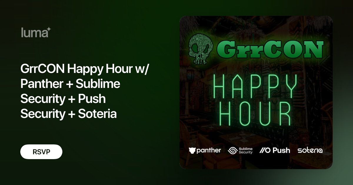 PushSecurity's tweet card. Get ready for an epic evening with Panther Labs, Sublime Security, Push Security, and Soteria at this year's GrrCON. Join us at Max's Tiki on Thursday, Sept 26…
