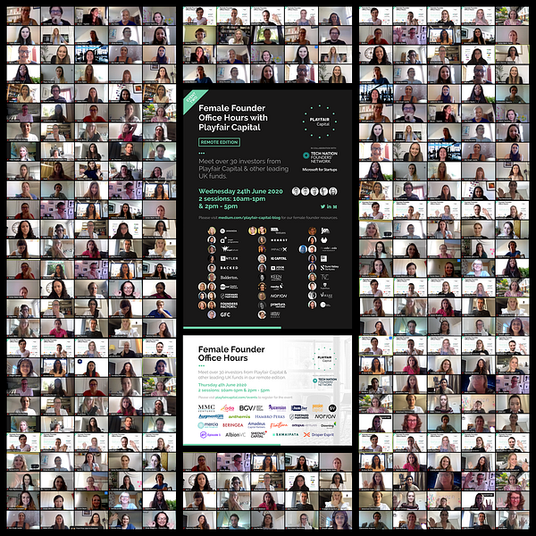 henrikwsanchez's tweet card. Playfair Capital and Tech Nation hosted 800 one-on-one office hour meetings for 200 female founders with 60 VCs, all fully remote.