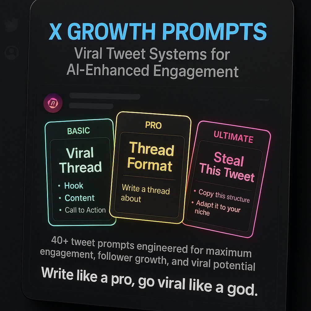 codemintai's tweet card. Tweet smarter. Grow faster. Build influence with AI.Tired of writing tweets that get ignored?This isn’t just another prompt pack.X Growth Prompts is a complete system designed to help you go viral,...
