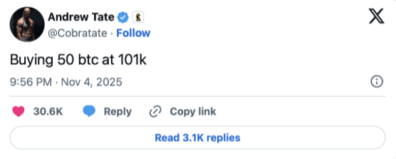 hackernoon's tweet card. Andrew Tate predicted Bitcoin’s fall while buying millions. Pepeto Exchange’s 2026 anti-manipulation tools aim to end influencer-driven crypto distortion.