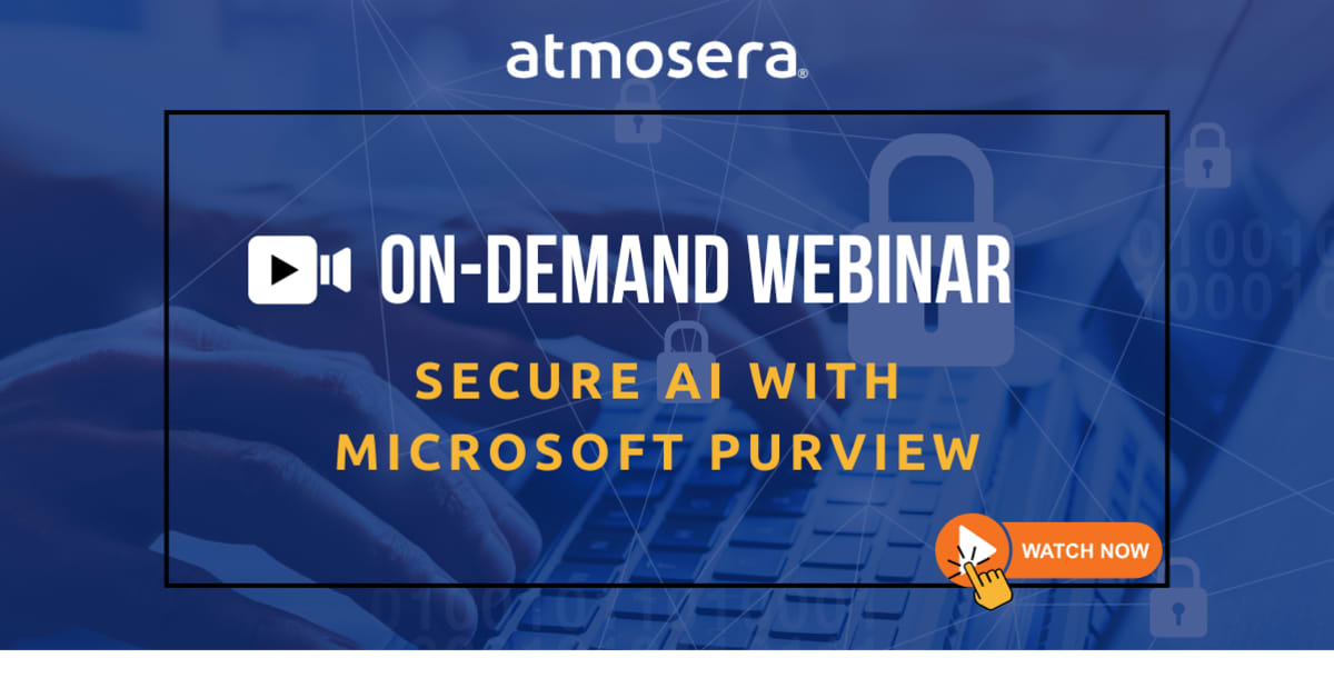 Atmosera's tweet card. Practical strategies to mitigate the risks of oversharing and data leaks associated with AI usage utilizing Microsoft Purview and Data Loss Prevention (DLP)