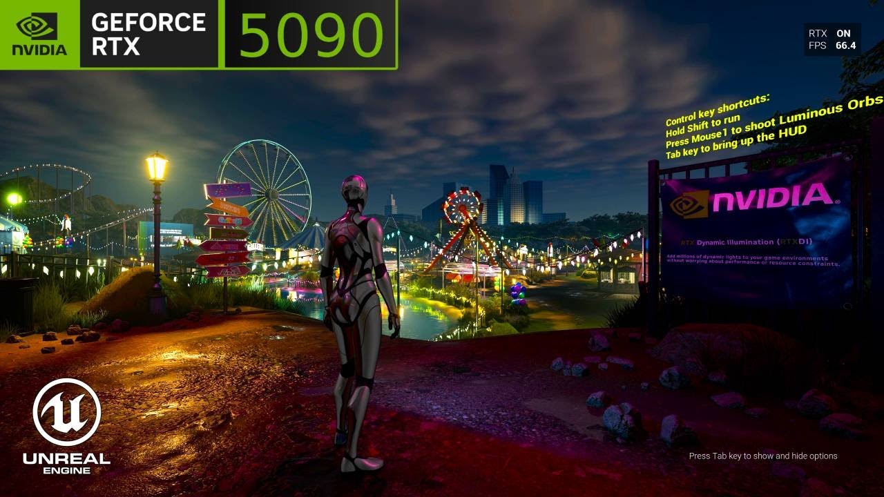 QuBitGaming_'s tweet card. Nvidia Amusement Park | RTX 5090 [4K] DLSS + MFG | Unreal Engine 5