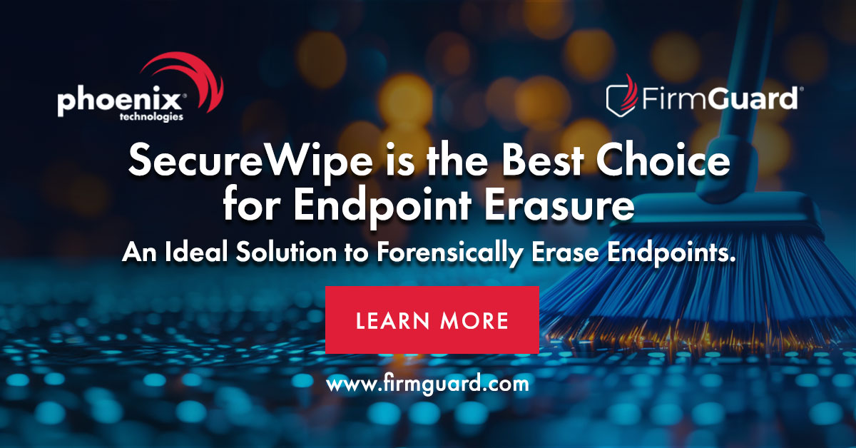 PhoenixFirmware's tweet card. SecureWipe by FirmGuard offers the best solution for endpoint data erasure, balancing effectiveness and simplicity, and supporting critical cases like stolen devices.