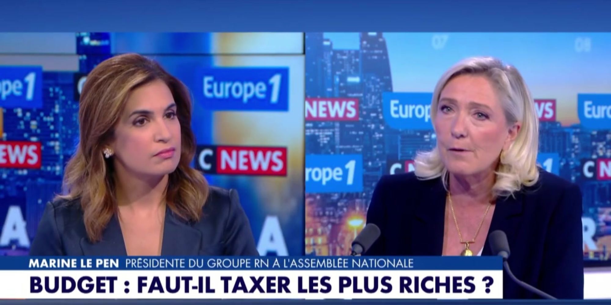 Europe1's tweet card. Invitée ce mardi de "La Grande interview Europe 1-CNews", la patronne du Rassemblement national à l'Assemblée nationale, Marine Le Pen, a plaidé pour l'instauration d’un "impôt sur la fortune...