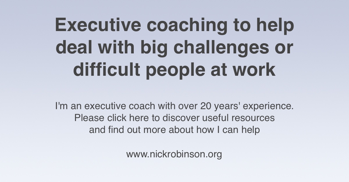 NickRobCoach's tweet card. Executive coach for leaders and teams. Best-selling author: The 9 Types of Difficult People (pub. Pearson). I help leaders and teams turn challenging dynamics into great working relationships.