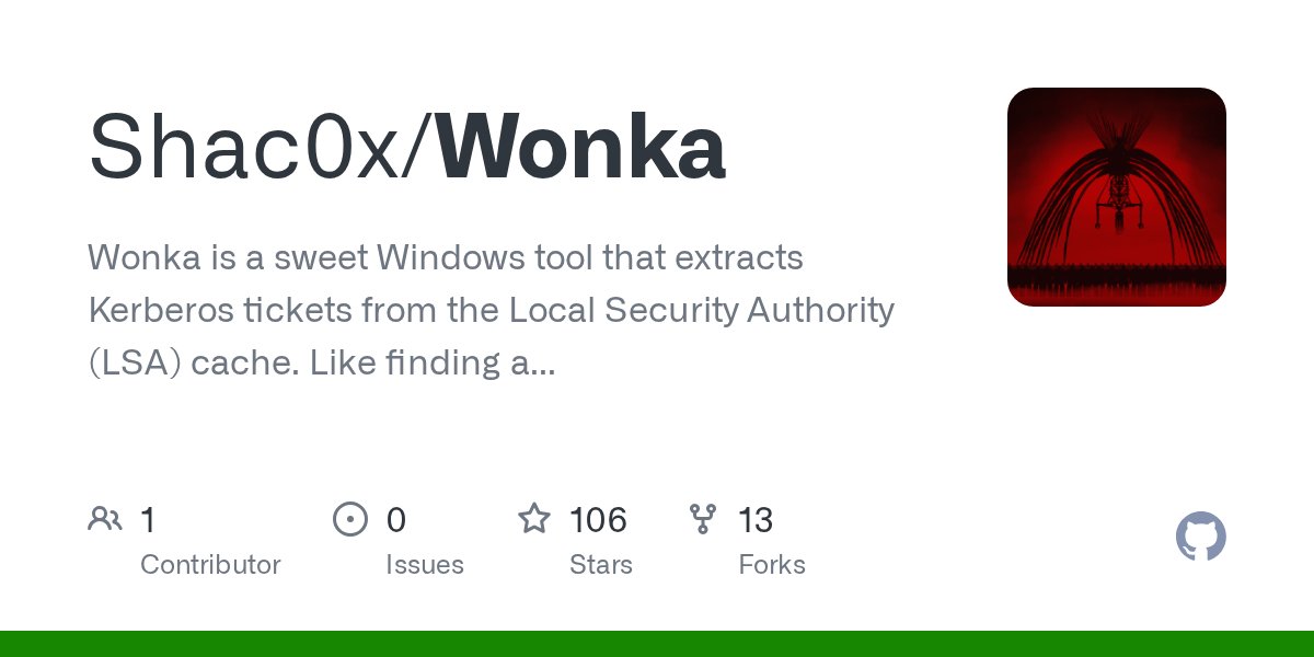 Dinosn's tweet card. Wonka is a sweet Windows tool that extracts Kerberos tickets from the Local Security Authority (LSA) cache. Like finding a ticket, but for security research and penetration testing! 🎫 - Shac0x/Wonka
