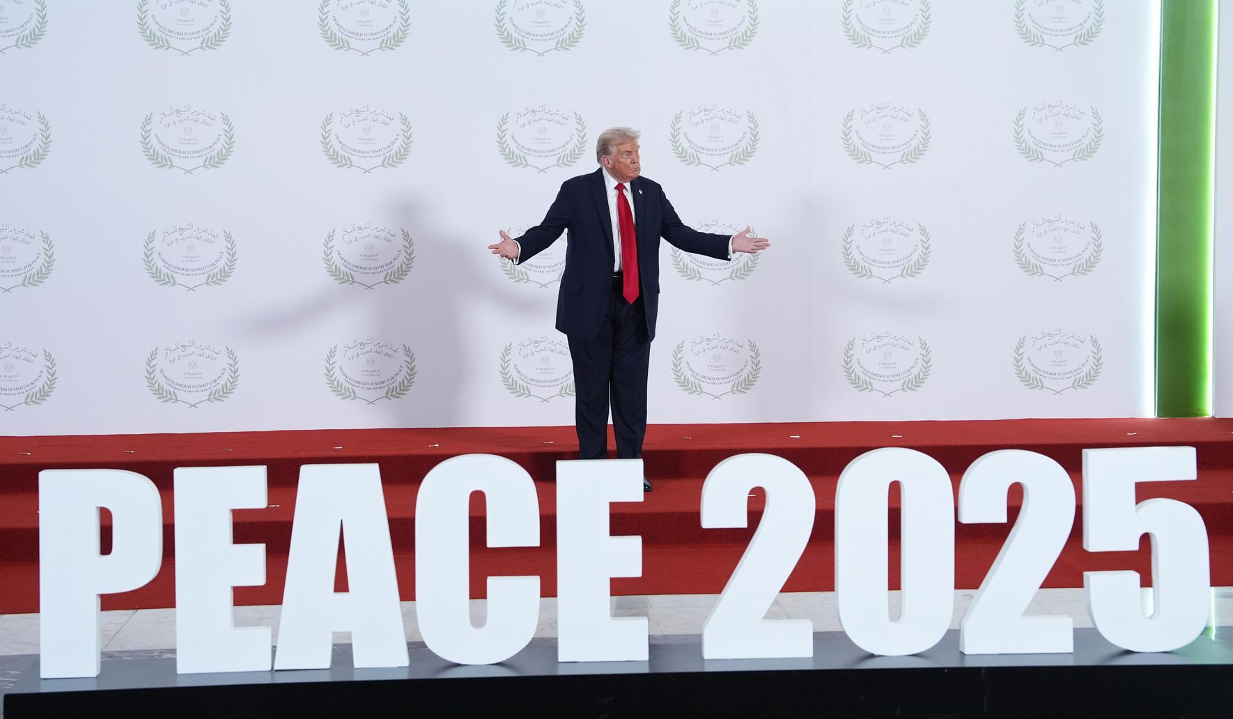 PressSec's tweet card. Aboard Air Force One, en route to the Middle East to sign a landmark peace agreement between Israel and Hamas, President Trump was already planning his next intervention: Stopping a brewing war betwee