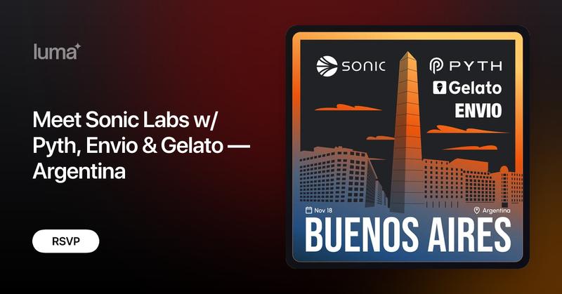 PythNetwork_PT's tweet card. Join us for an evening of great conversation, music, and cocktails as we bring the Sonic, Pyth, Envio, and Gelato communities together in Buenos Aires. Enjoy…