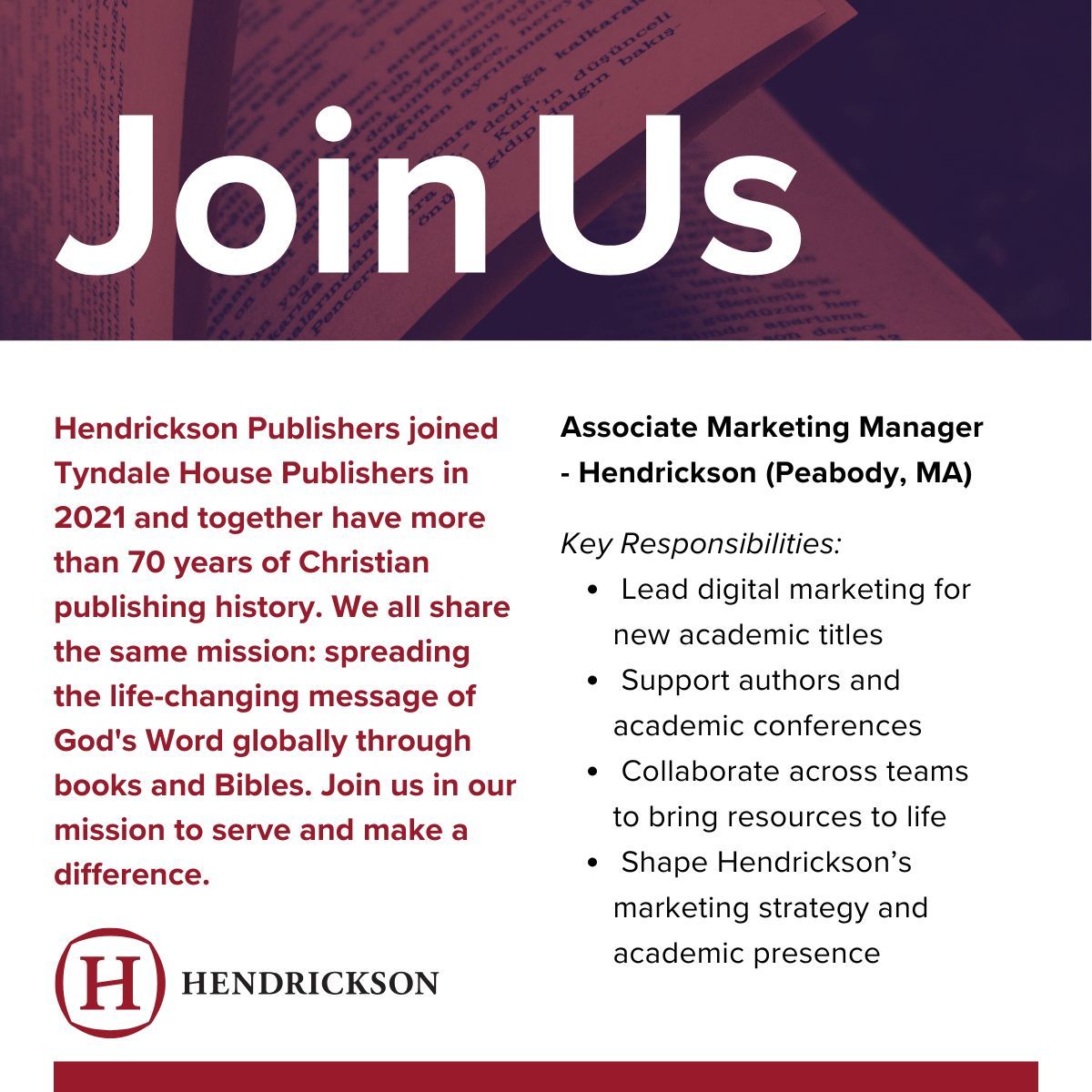 charles_loder's tweet card. 📣 We’re hiring! Join the Hendrickson Publishers team at Tyndale House as our next Associate Marketing Manager in Peabody, MA. We’re looking for someone with 3–5 years of marketing experience...