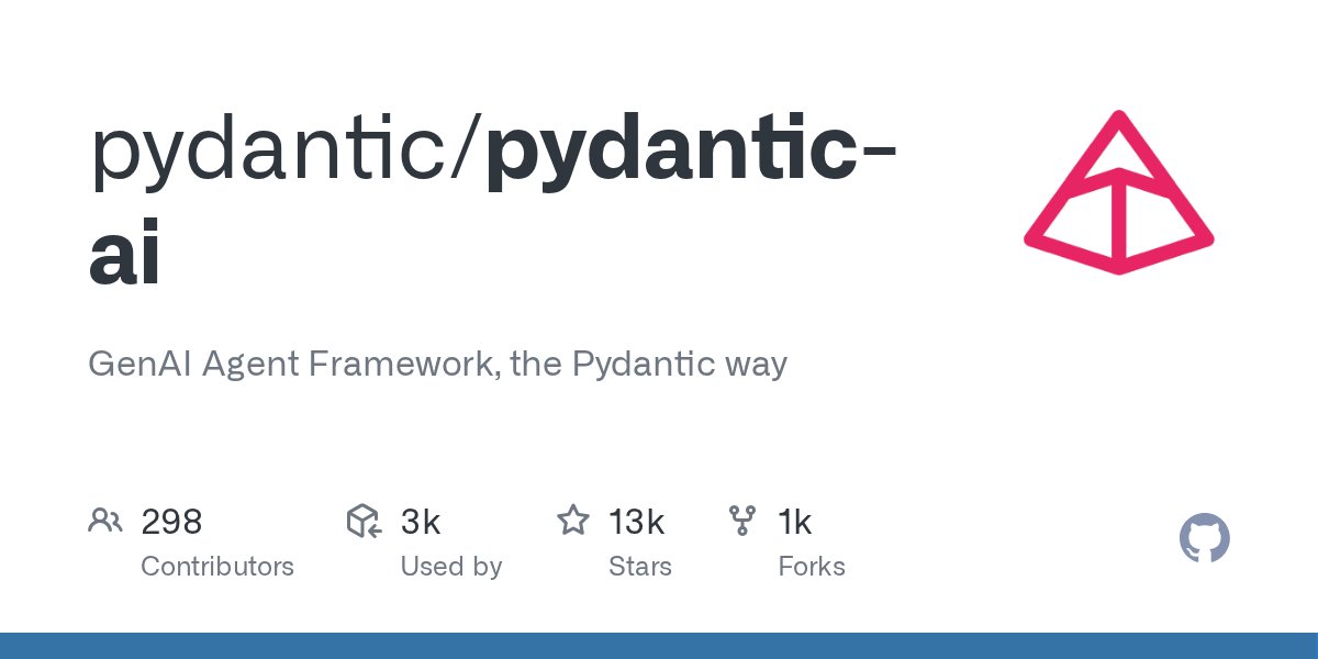 pydanti_ai's tweet card. GenAI Agent Framework, the Pydantic way. Contribute to pydantic/pydantic-ai development by creating an account on GitHub.
