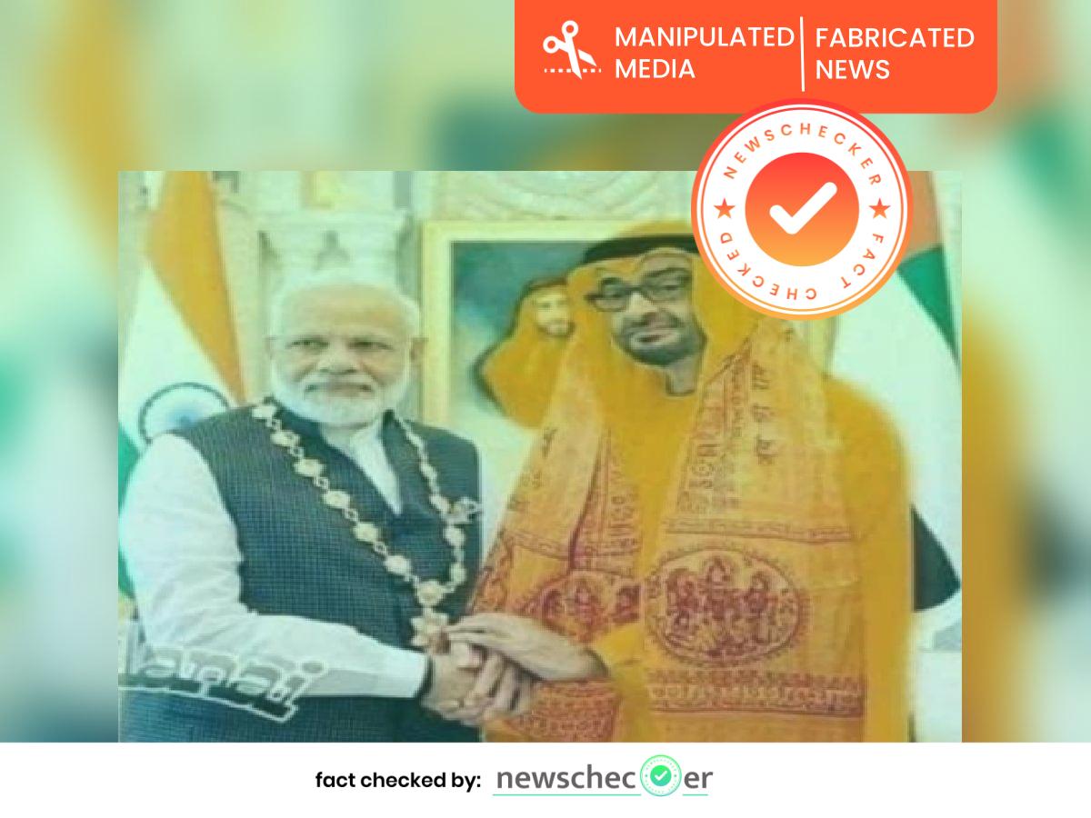 NewscheckerHI's tweet card. हमारी पड़ताल में साफ होता है कि अबू धाबी के क्राउन प्रिंस शेख मोहम्मद बिन जायद अल नाहयान की तस्वीर को फोटोशॉप की मदद से एडिट कर भ्रामक दावे के साथ शेयर किया जा रहा है। अबू धाबी के क्राउन प्रिंस शेख...