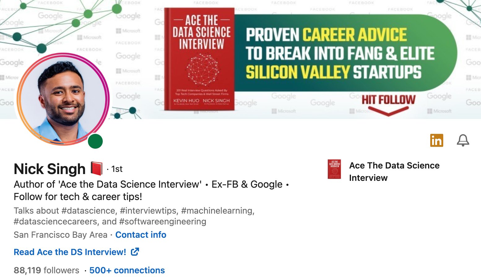roycoding's tweet card. Interview with Nick Singh, ex-Facebook and Author of Ace the Data Science Interview, and Roy Keyes, Author of Hiring Data Scientists and Machine Learning Engineers.