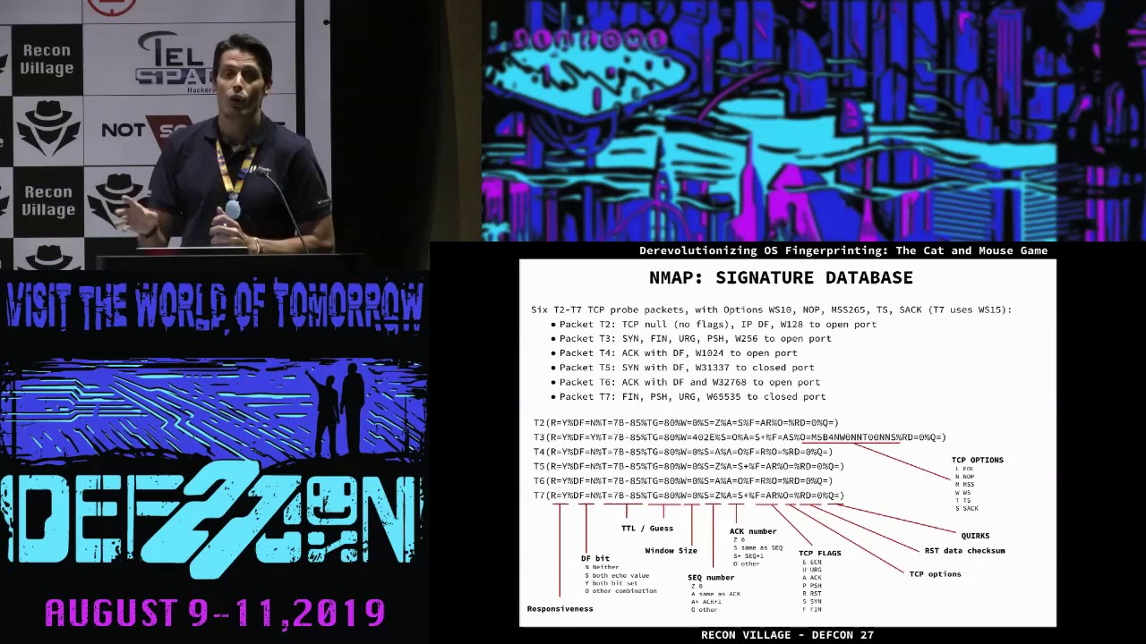 ReconVillage's tweet card. Jaime Sanchez - Derevolutionizing OS Fingerprinting cat and mouse...