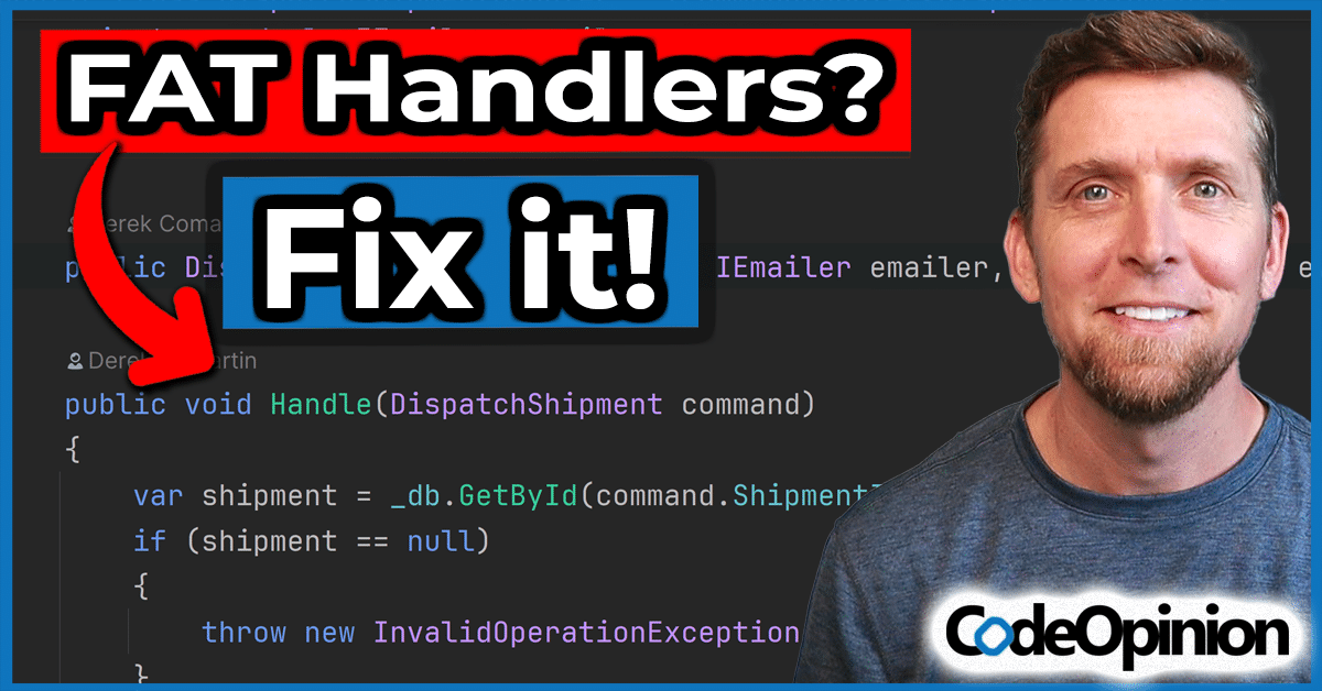codeopinion's tweet card. CQRS Handlers that bloated mess. It’s a nightmare. There is a way out which is using a pipeline of execution to separate concerns.