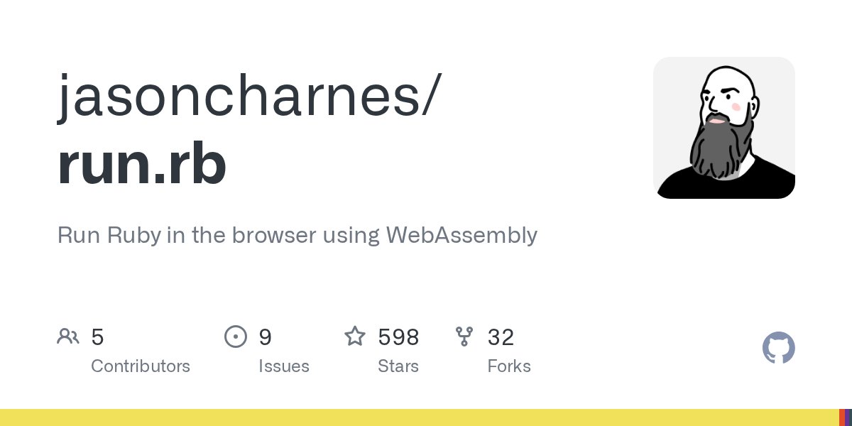 netmojo's tweet card. Run Ruby in the browser using WebAssembly. Contribute to jasoncharnes/run.rb development by creating an account on GitHub.