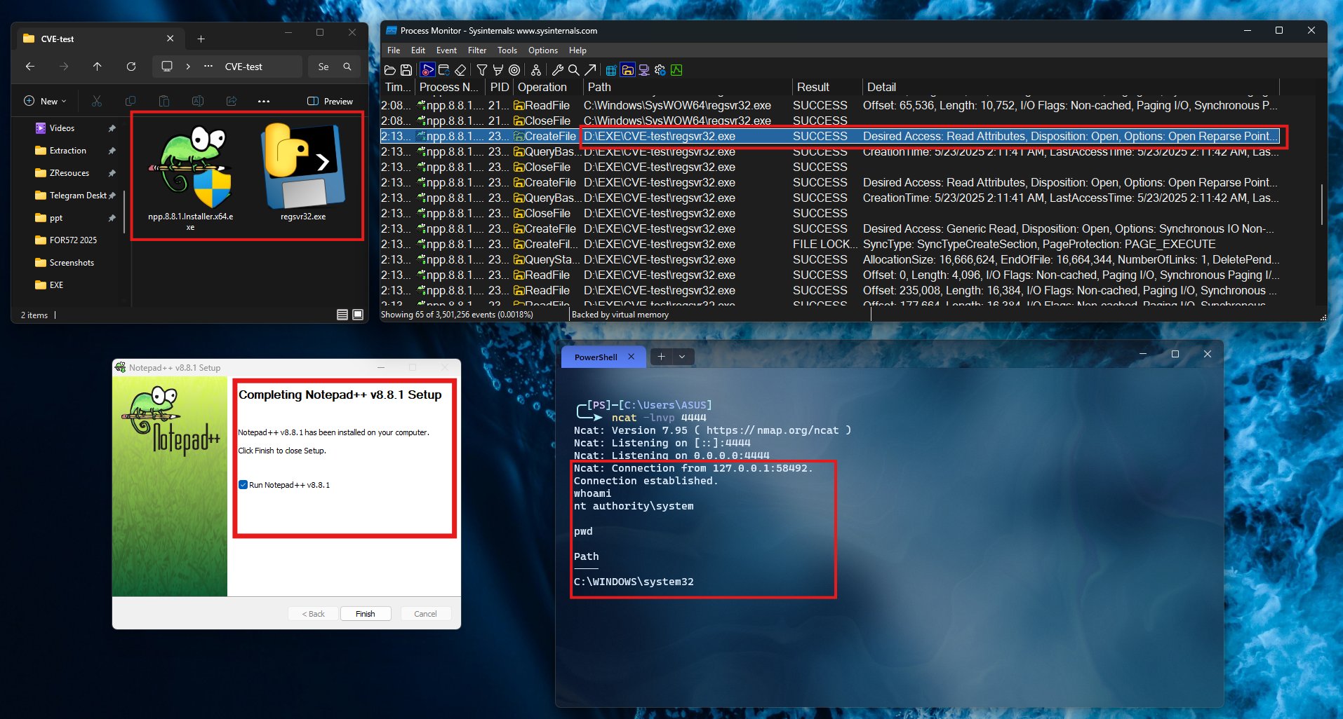 the_yellow_fall's tweet card. CVE-2025-49144 lets attackers gain NT AUTHORITYSYSTEM via Notepad++ v8.8.1 installer flaw. PoC available—secure paths and signatures urged.