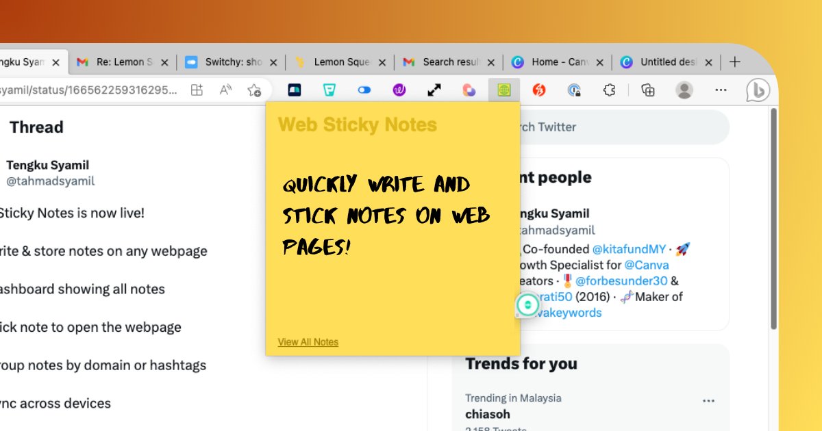 tahmadsyamil's tweet card. Quick notes that stick on web-pages to ease future reference