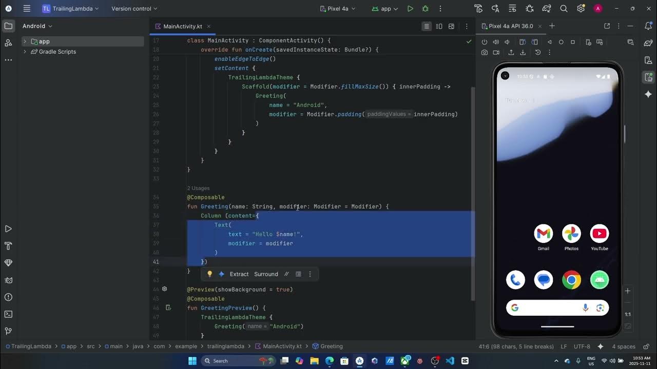coding_ale85119's tweet card. Trailing Lambda -Kotlin Jetpack Compose