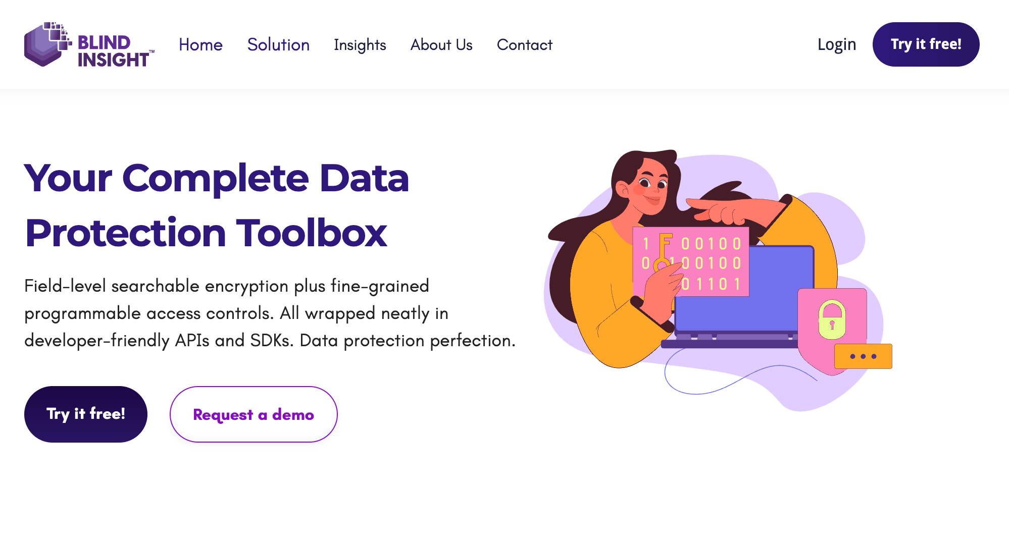GetBlindInsight's tweet card. Explore Blind Insight's API-driven data privacy platform. Real-time, SQL-compliant searchable encryption + fine-grained programmable access controls and audit-friendly logs. Data protection perfect...