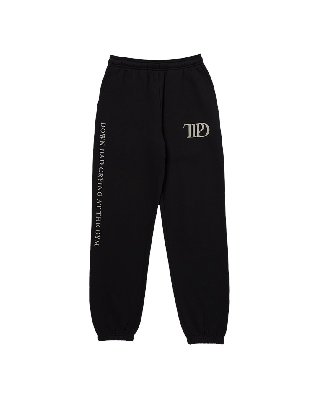 AlertsForMerch's tweet card. Black sweatpants featuring "Down Bad Crying At The Gym" printed down wearer's right leg and "TTPD" album logo printed on wearer's left leg. Drawstring waist and side pockets. Standard fit.100%...
