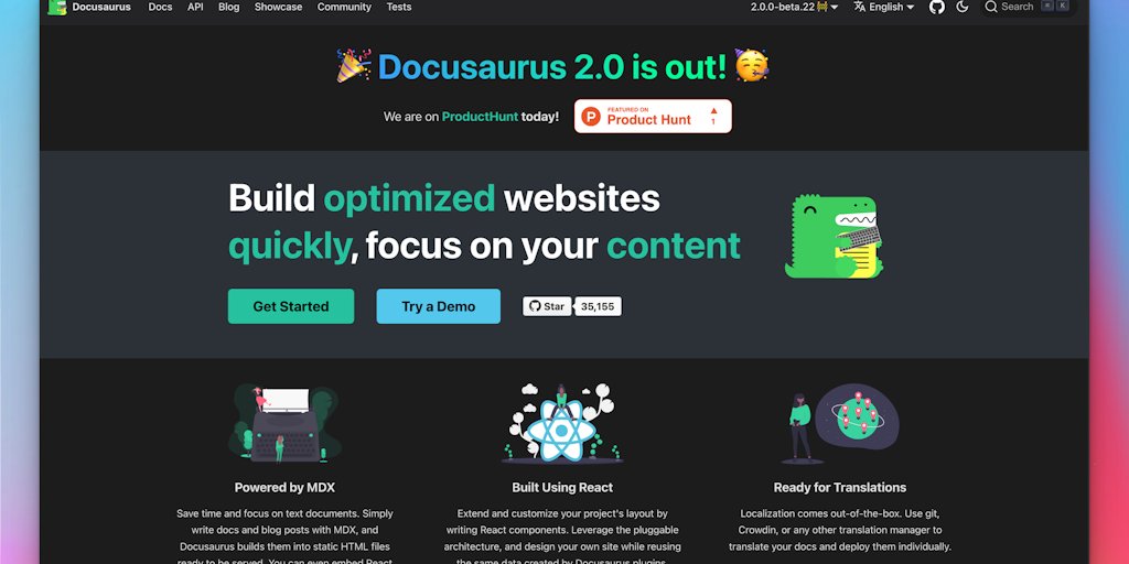 techinterviewhb's tweet card. Docusaurus helps you ship a top-notch documentation site in no time! Focus on your content: just write Markdown files! Put your site online in 5 minutes, then customize it. Full-featured: plugins,...