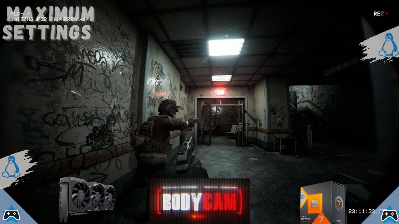 maximumsettings's tweet card. Bodycam | 2160p (4K) | Linux Mint Cloud Gaming | Ryzen 7800X3D CPU |...