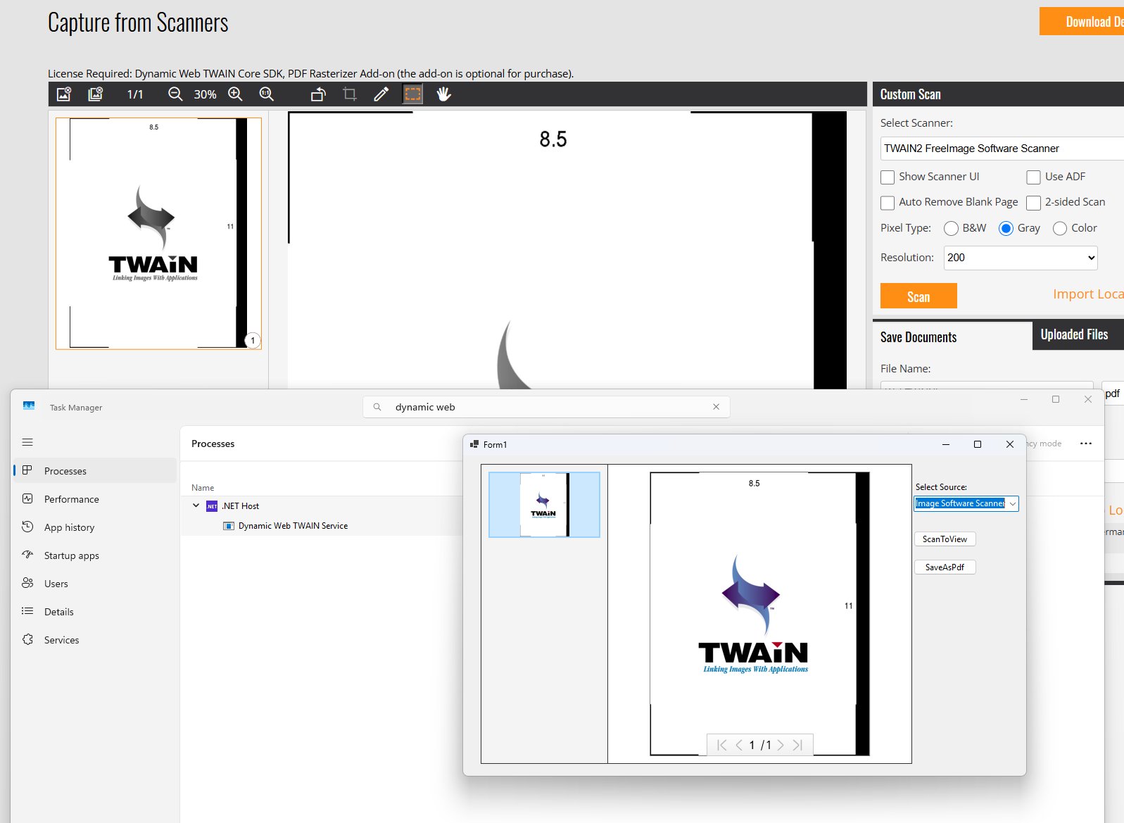 dynamsoft's tweet card. Learn how to bundle, start, and stop the Dynamic Web TWAIN service from a C# application without manual installation prompts.