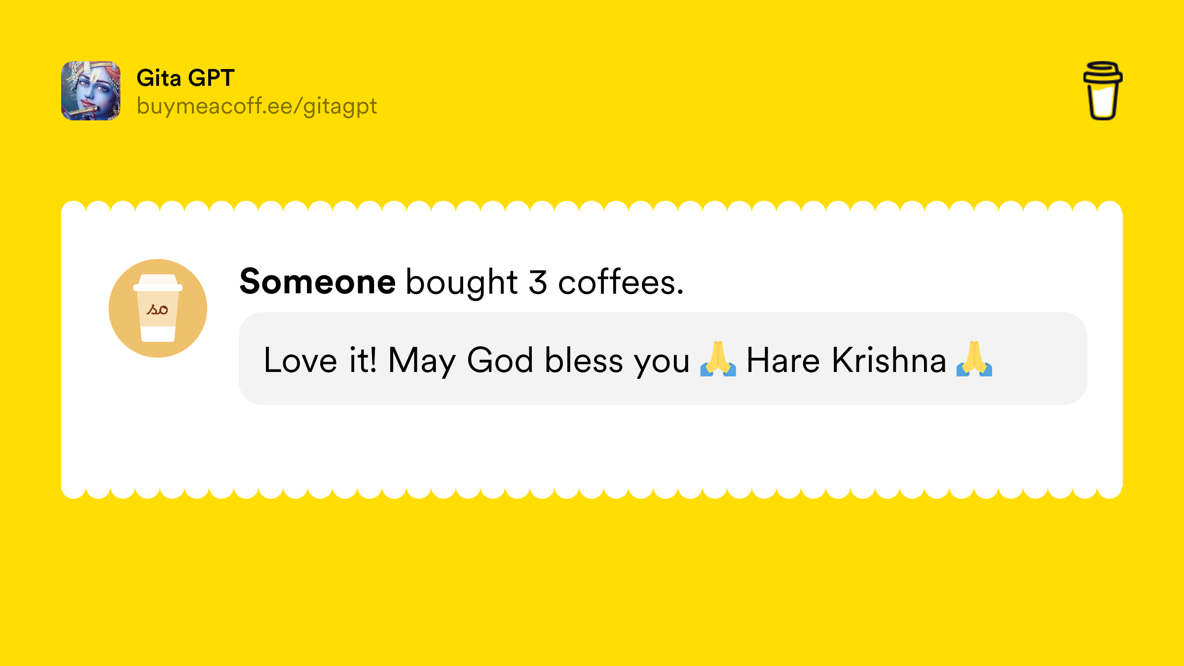 gitagpt's tweet card. Hey 👋 We are the developers for GitaGPT. The money you donate will help keep our servers running.If you have any feedback please send it our way at admin@gitagpt.org.Thank you!