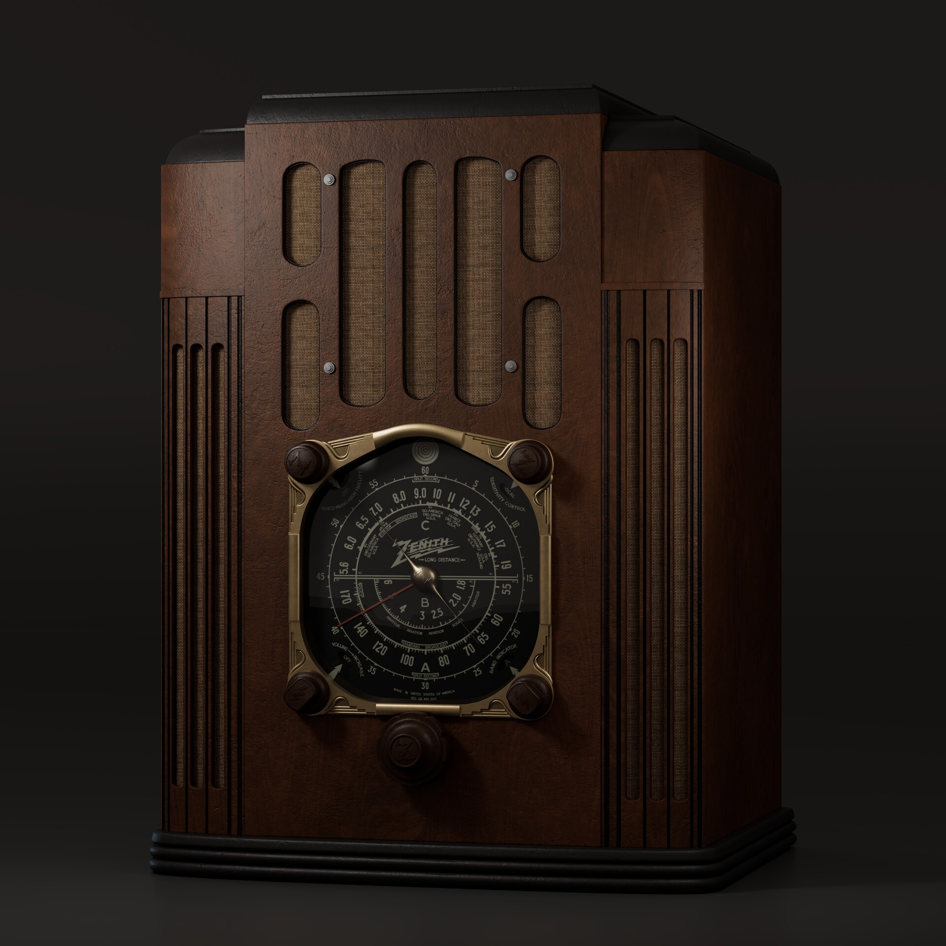 bestatfailing's tweet card. Zenith 10-S-130 radio for VFX. Modeled in Maya, textured in Substance Painter. Grill curves created with Bifrost. Logos created in Photoshop. Rendered with Arnold.