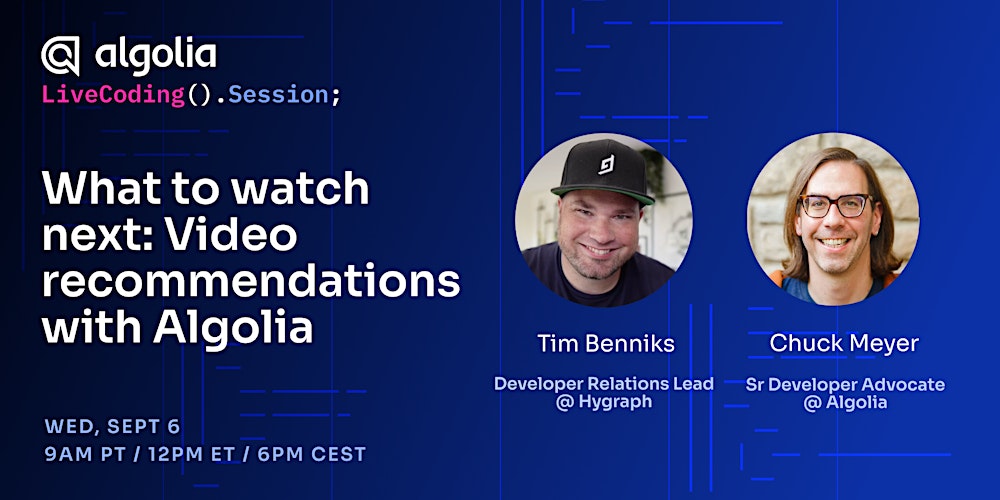 algolia's tweet card. The Live Coding Session is a technical event for developers where a problem is solved in real-time.