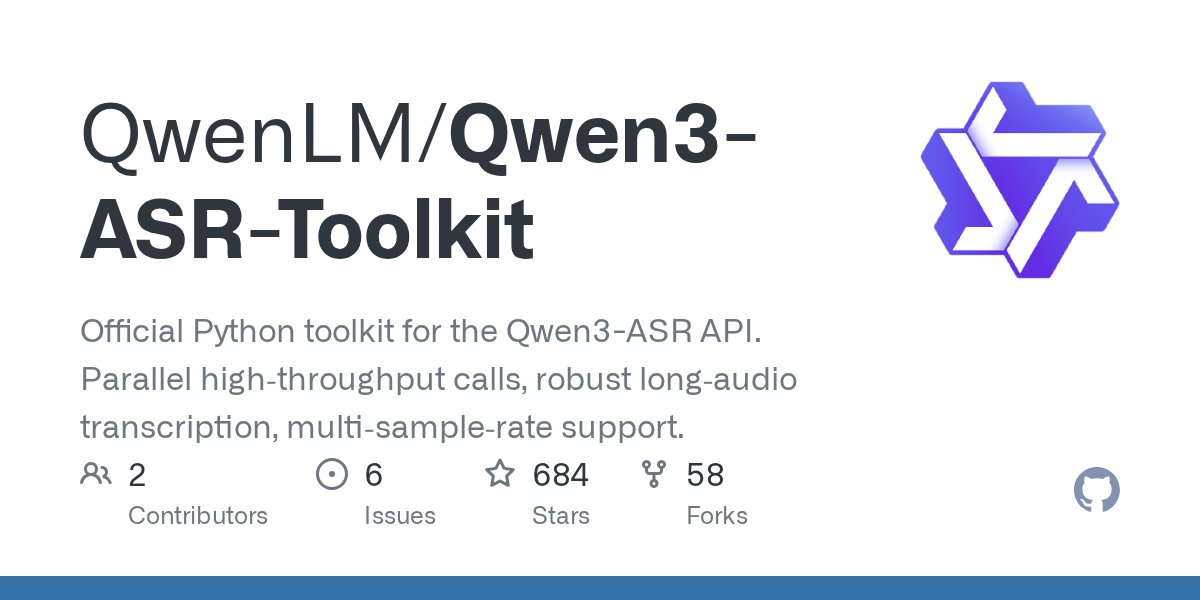 Alibaba_Qwen's tweet card. Official Python toolkit for the Qwen3-ASR API. Parallel high‑throughput calls, robust long‑audio transcription, multi‑sample‑rate support. - QwenLM/Qwen3-ASR-Toolkit