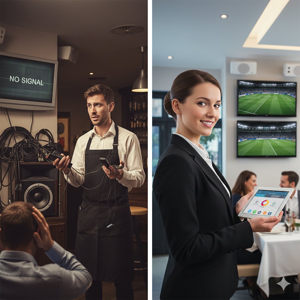 Domot1caTech's tweet card. Imagina esta escena. Es viernes por la noche. Tu restaurante está lleno. En el área del bar, tus clientes intentan ver el partido, pero la TV 2 está en un canal diferente y la TV 3 muestra "Sin...